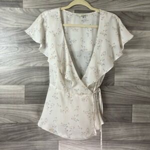 June & Hudson Womens Wrap Top Pink Floral Short Sleeve Flutter Ruffles Juniors 1